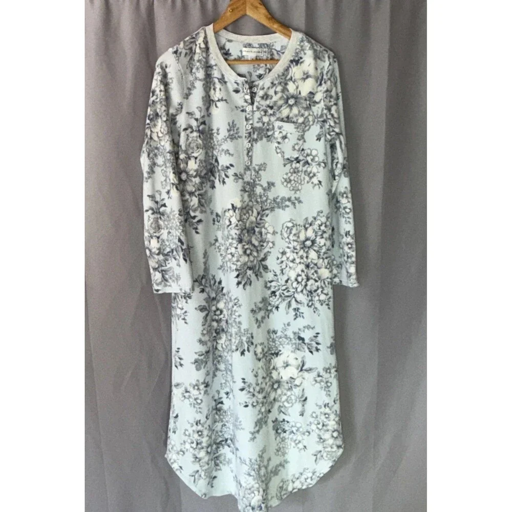 Miss Elaine Classic Blue Fleece Nightgown M  Super Soft Floral Polyester Pullove